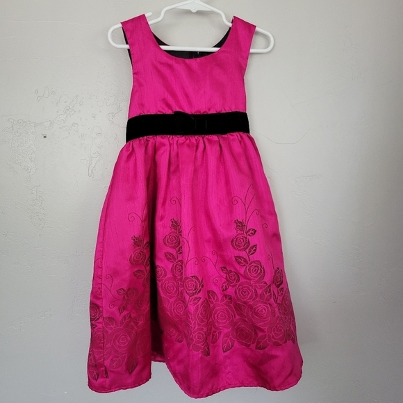Pinky Girls 6 Sleeveless Pink Dress Black Velvet Roses Floral Formal Fancy Event - Picture 1 of 7